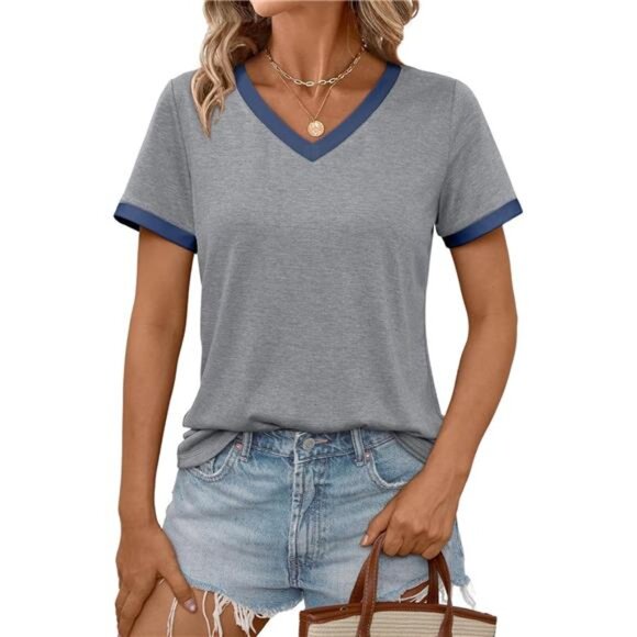 Soft V-Neck Tunic Tee – Versatile Short Sleeve Top for Women - Picture 1 of 6